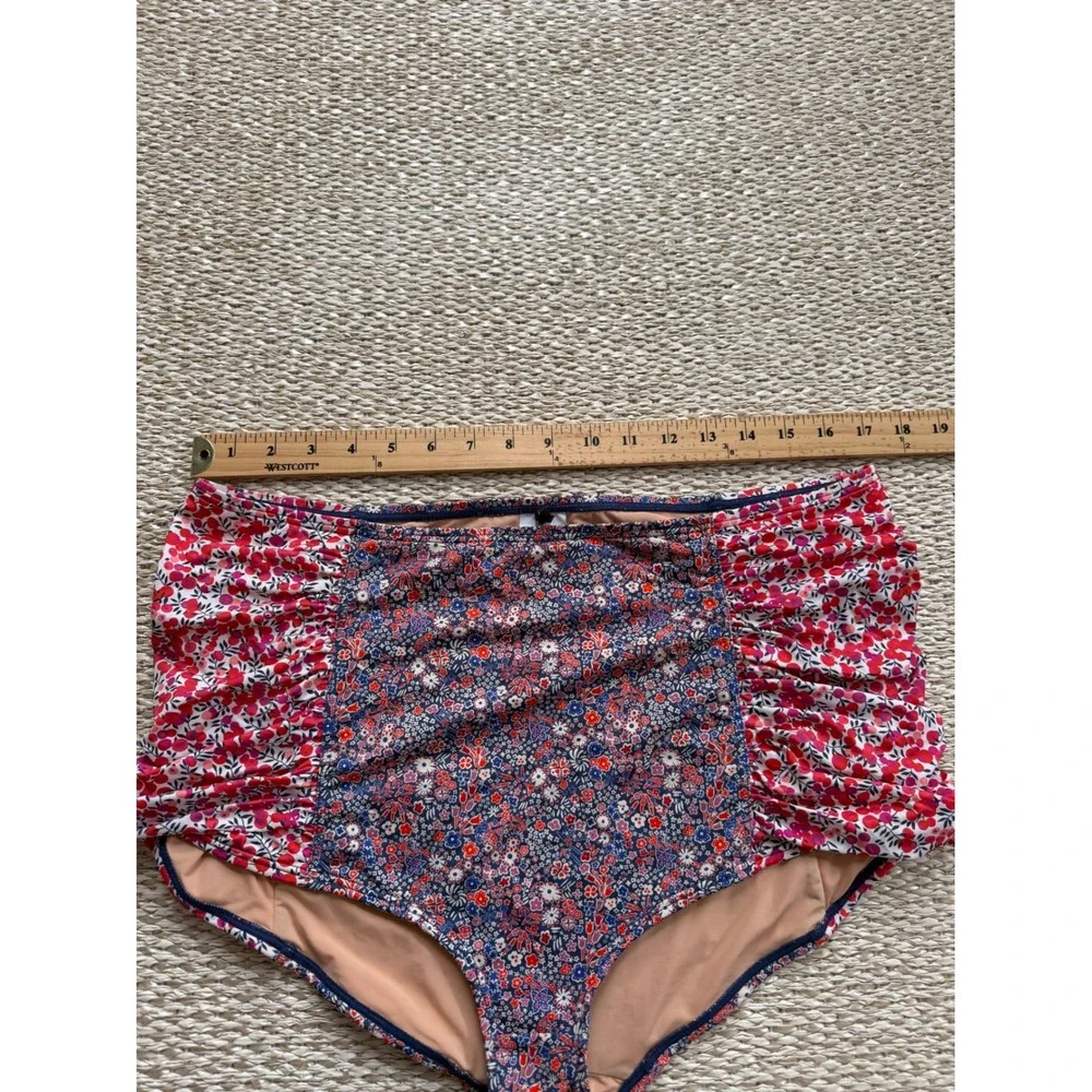 J.Crew Mixed Floral Ruched High Waisted Bikini Bottom XL Red Blue Swimwear boho‎